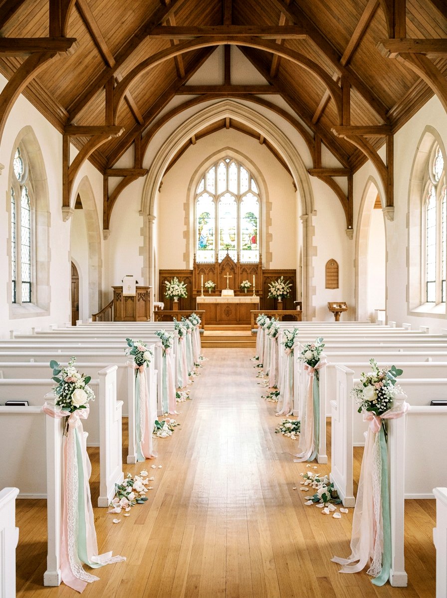 Pastel Ribbon Pew Ends - 25 Spring Wedding Pew Decor Ideas
