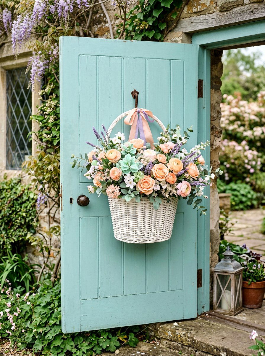 Pastel Silk Floral Basket - 25 Spring DIY Door Basket Ideas