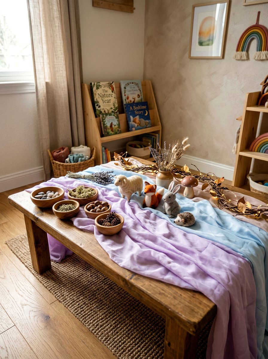 Pastel Silk Nature Table - 25 Spring Nature Table Ideas for Kids