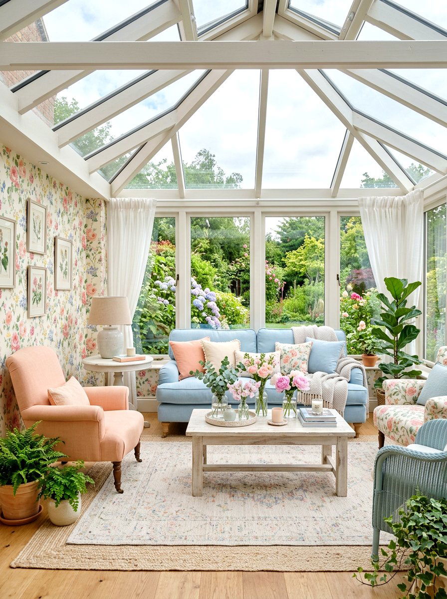 Pastel Sunroom With Floral Accents - 25 Spring Sunroom Decor Ideas