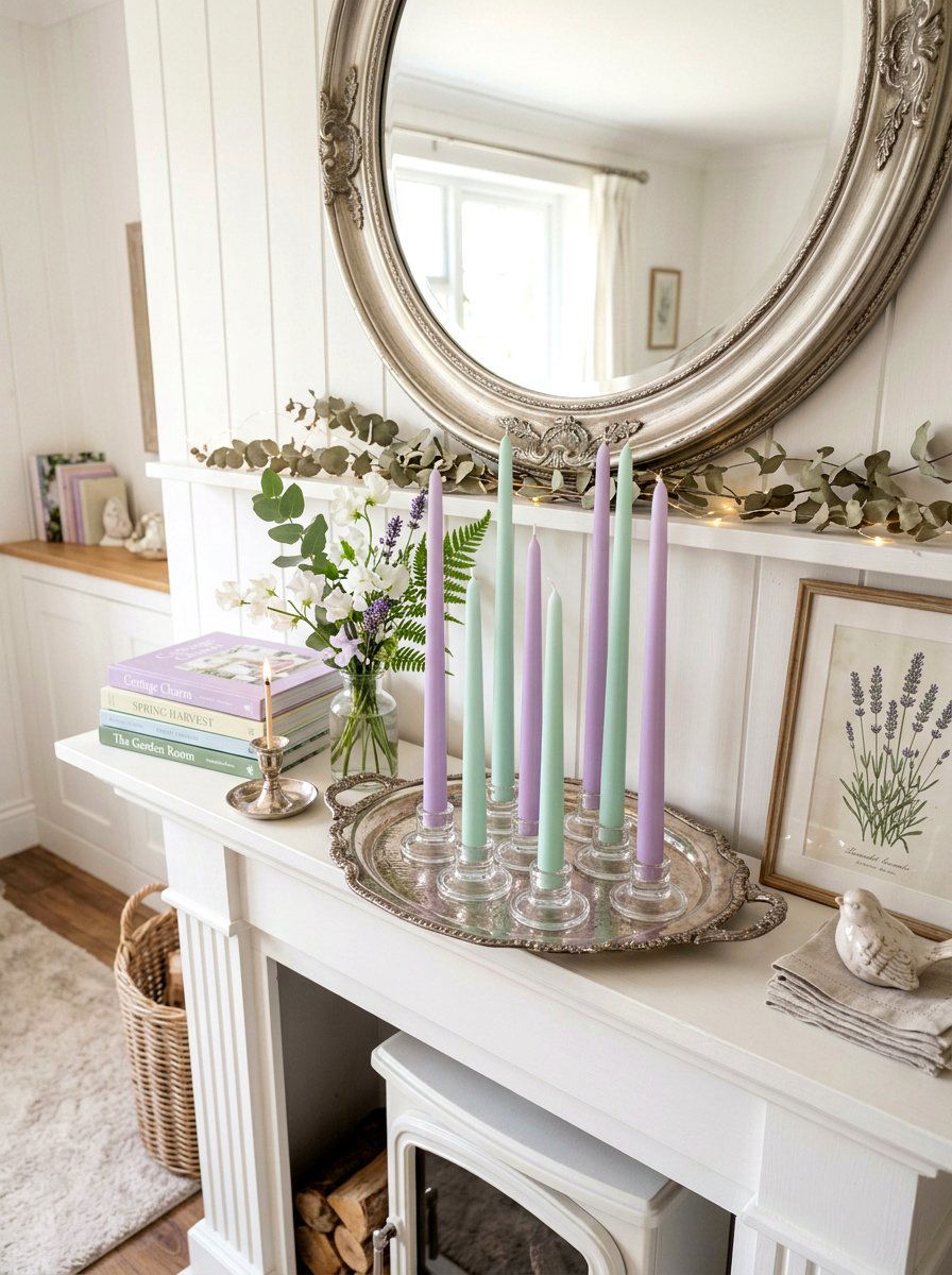 Pastel Taper Candle - 25 Spring Cottage Mantel Ideas