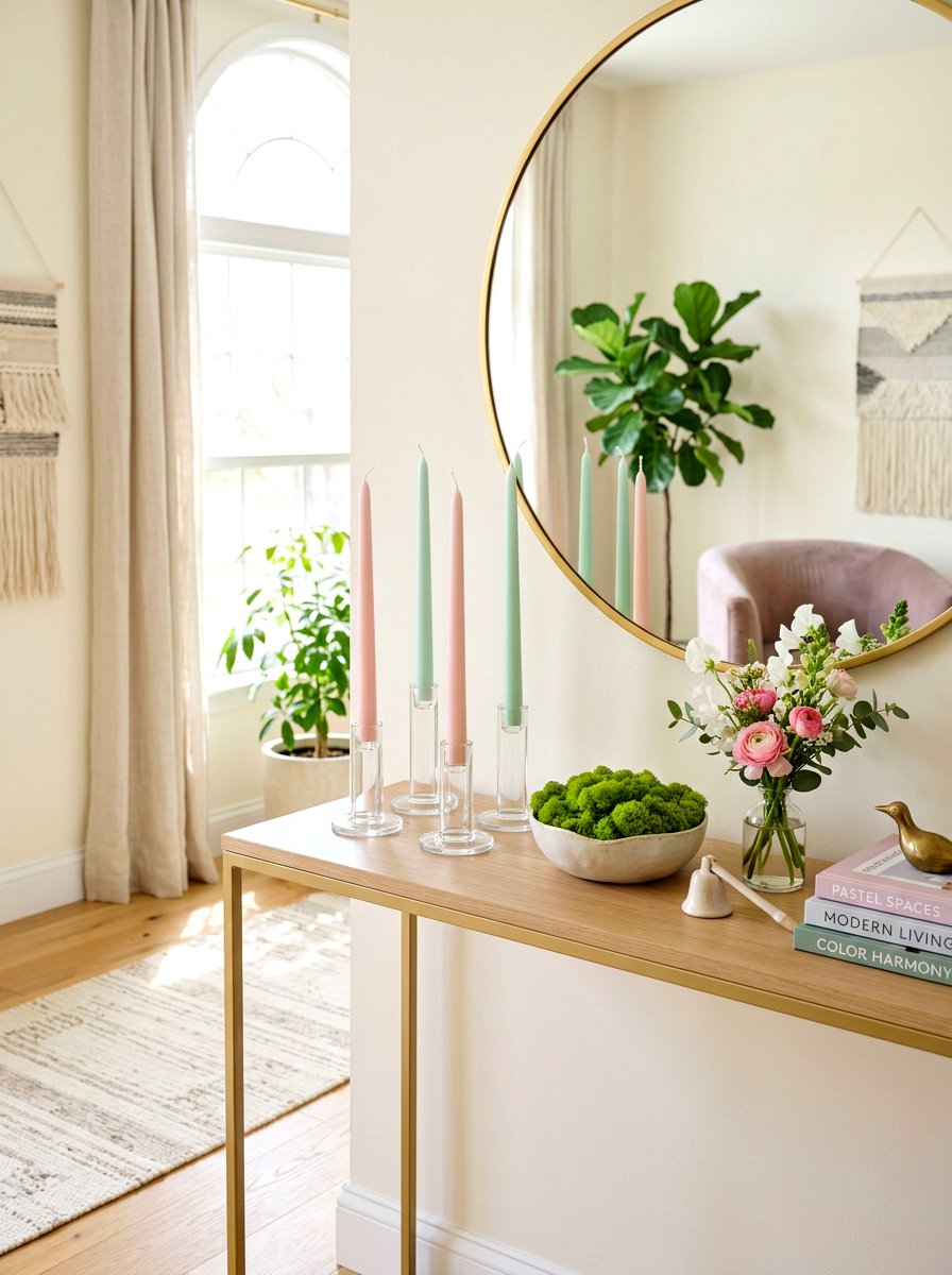 Pastel Taper Candles - 25 Spring Console Table Decor Ideas