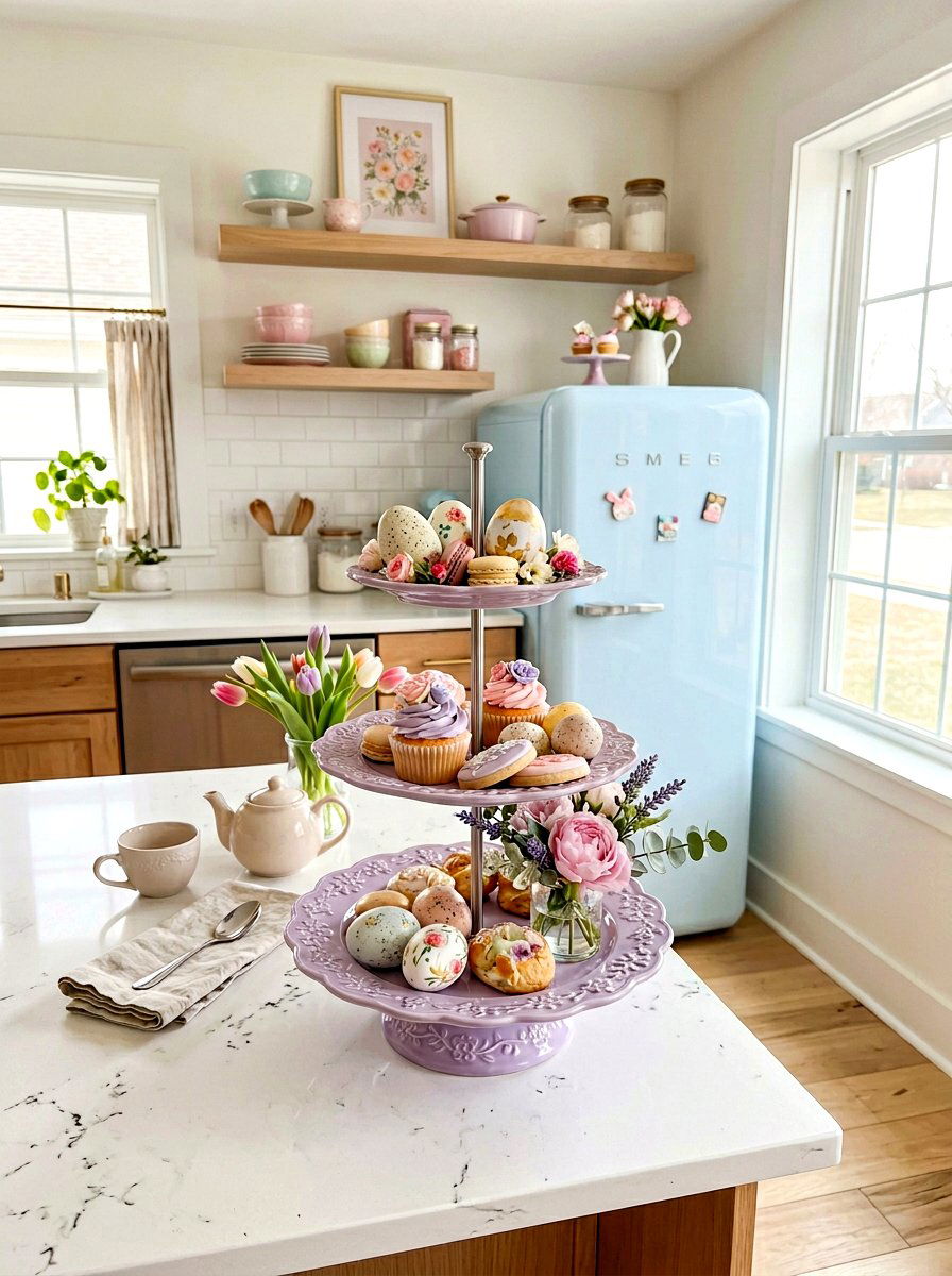 Pastel Tiered Dessert Stand - 25 Spring Refrigerator Top Decor Ideas