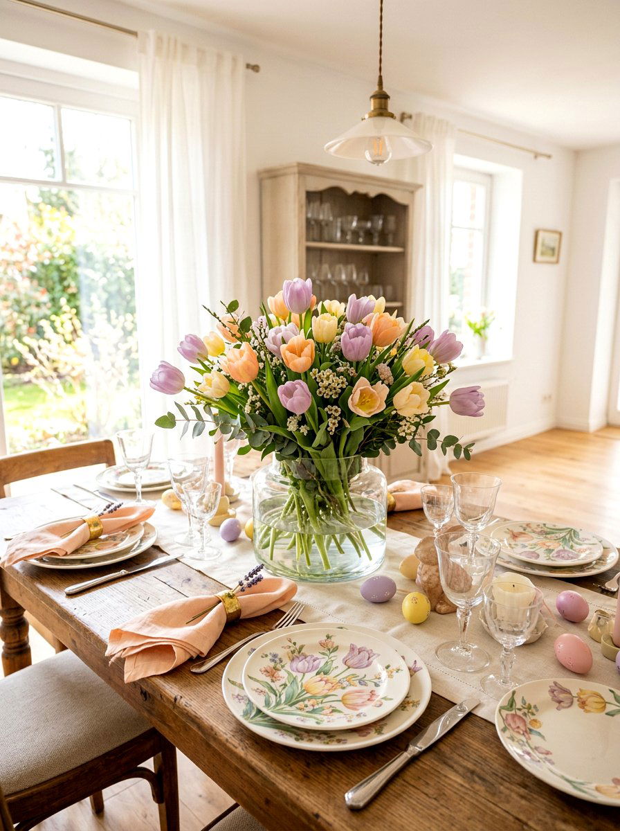 Pastel Tulip Dining Table - 25 Spring Tulip Centerpiece Ideas