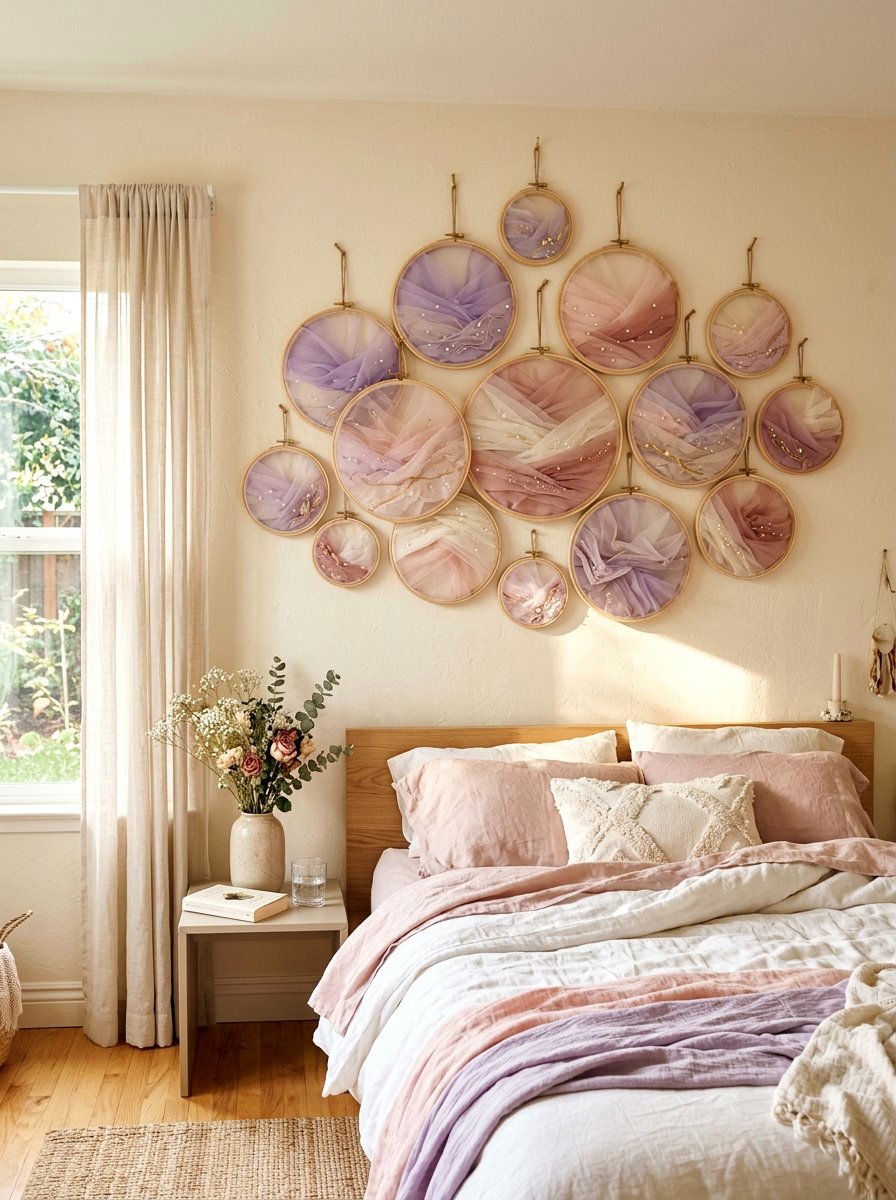 Pastel Tulle Wall Art - 25 Spring Embroidery Hoop Decor Ideas
