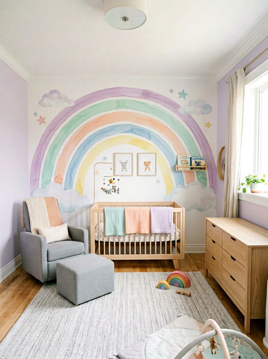 Pastel Watercolor Rainbow Mural - 25 Spring Nursery Wall Decor Ideas