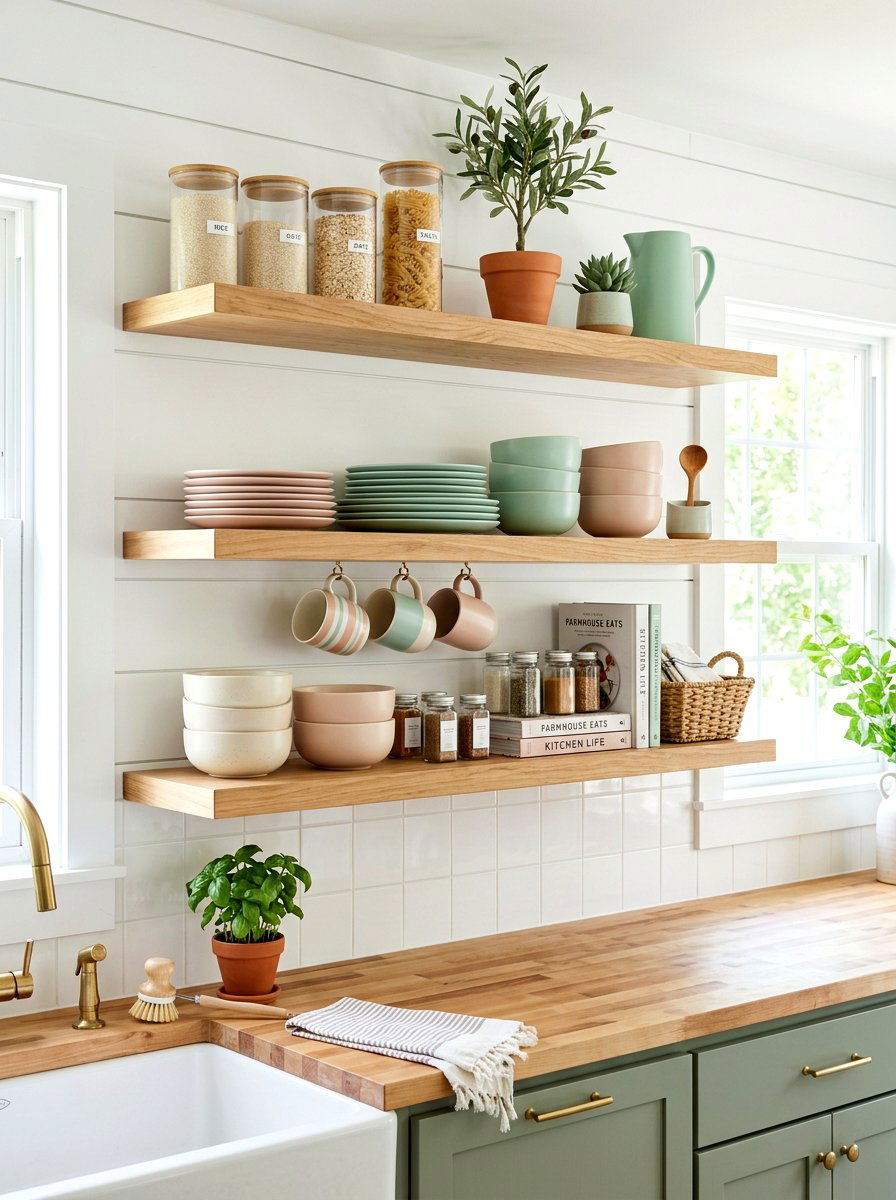 Pastel ceramic dishes - 25 Spring Kitchen Shelf Decor Ideas