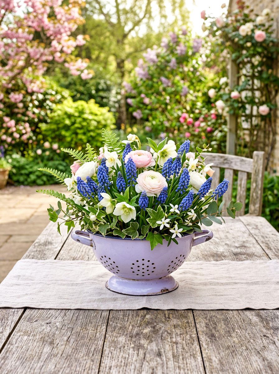 Pastel colander spring centerpiece - 25 Spring Colander Planter Ideas
