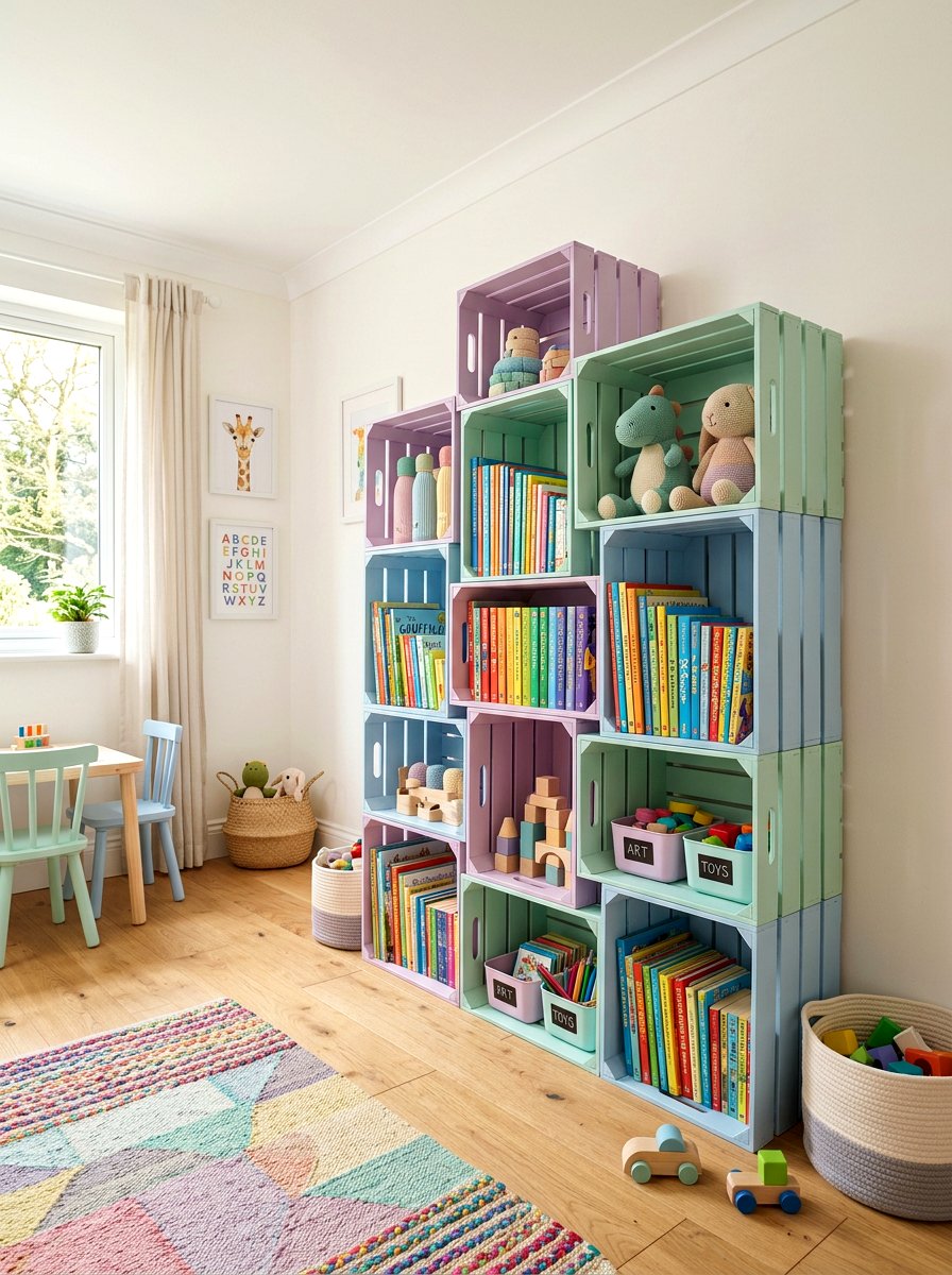 Pastel crate book storage - 25 Spring Bookshelf Ideas for Kids