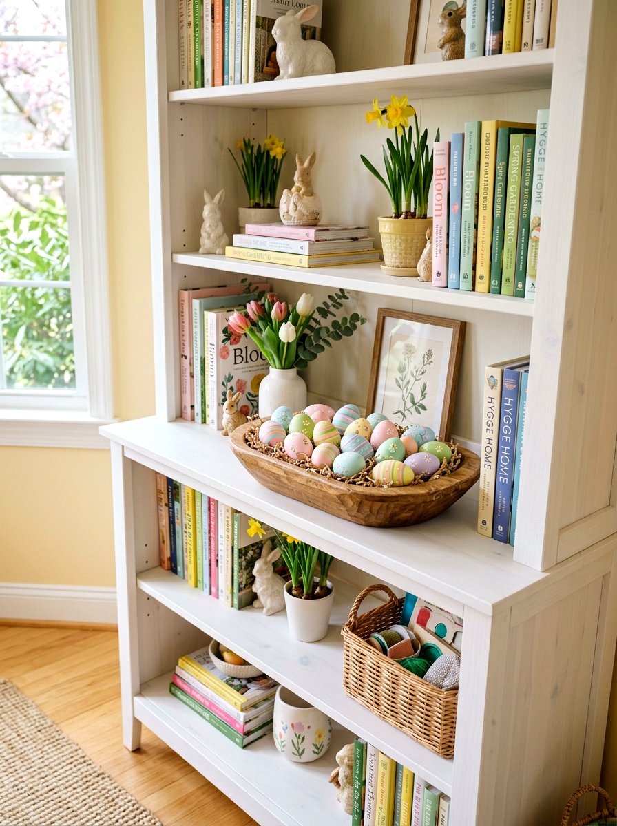 Pastel egg displays - 25 Spring Bookshelf Decor Ideas