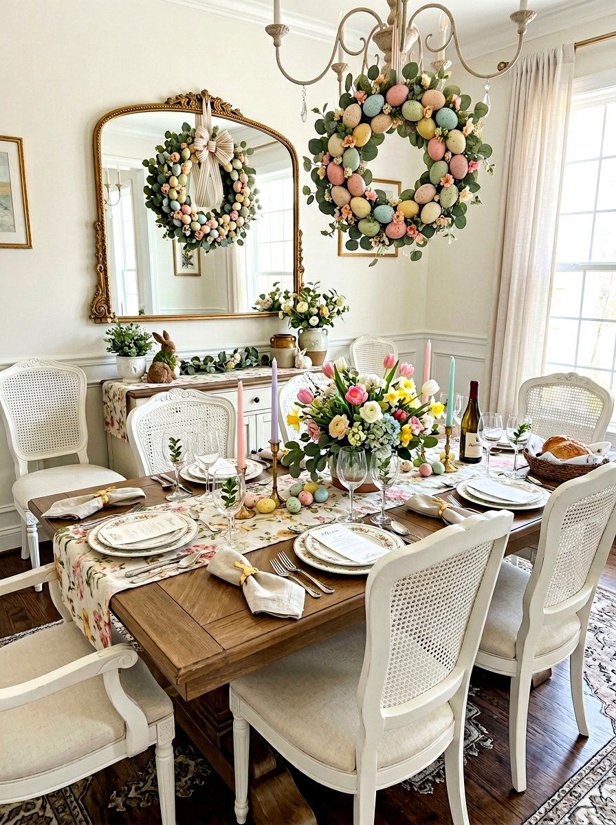 Pastel egg wreath on dining room mirror - 25 Spring Wreath on Mirror Ideas