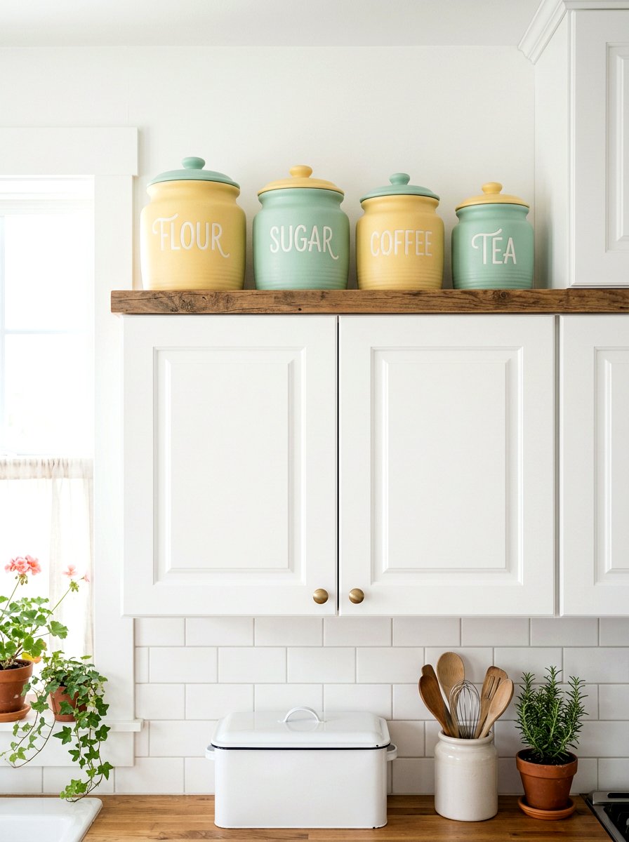 Pastel farmhouse canisters - 25 Spring Above Cabinet Decor Ideas