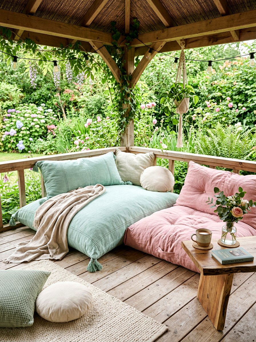 Pastel floor cushions - 25 Spring Gazebo Decor Ideas