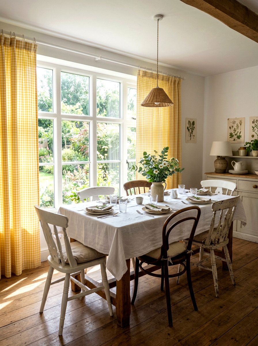 Pastel gingham curtains dining room - 25 Spring Grandmillennial Decor Ideas