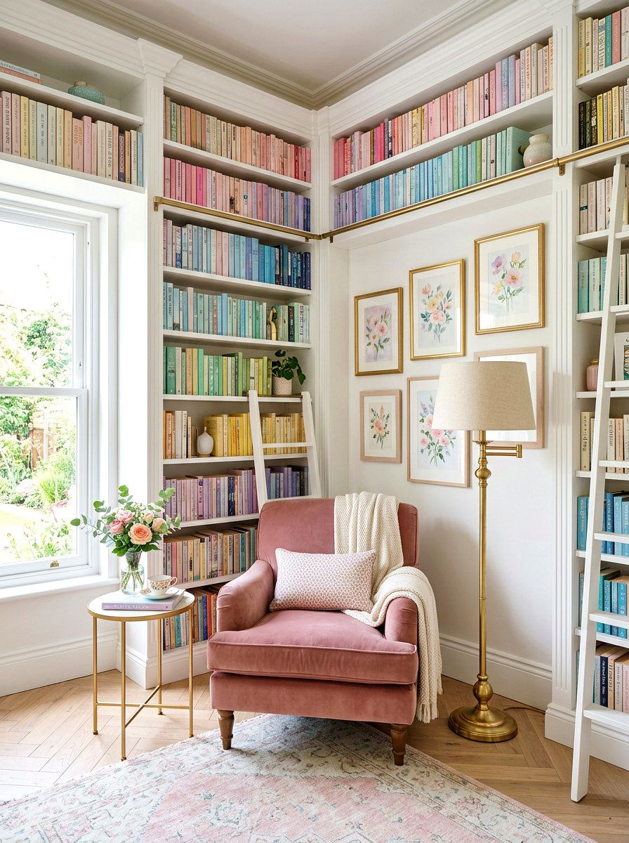 Pastel library corner - 25 Spring Reading Nook Decor Ideas
