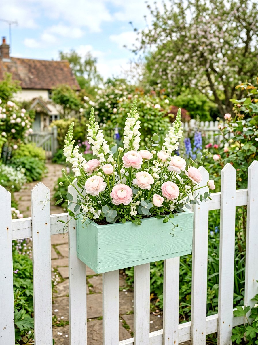 Pastel painted fence box - 25 Spring Picket Fence Planter Ideas