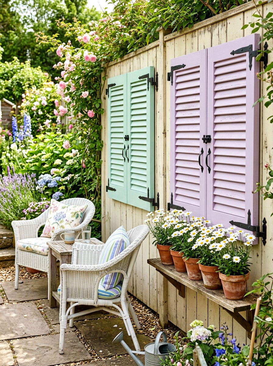 Pastel painted shutters - 25 Spring Cottage Fence Decor Ideas