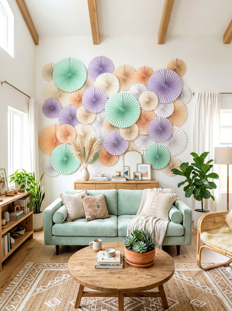 Pastel paper fan wall - 25 Spring Paper Fan Decor Ideas