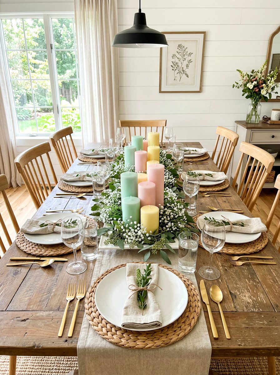 Pastel pillar candle centerpiece - 25 Spring Pillar Candle Ideas