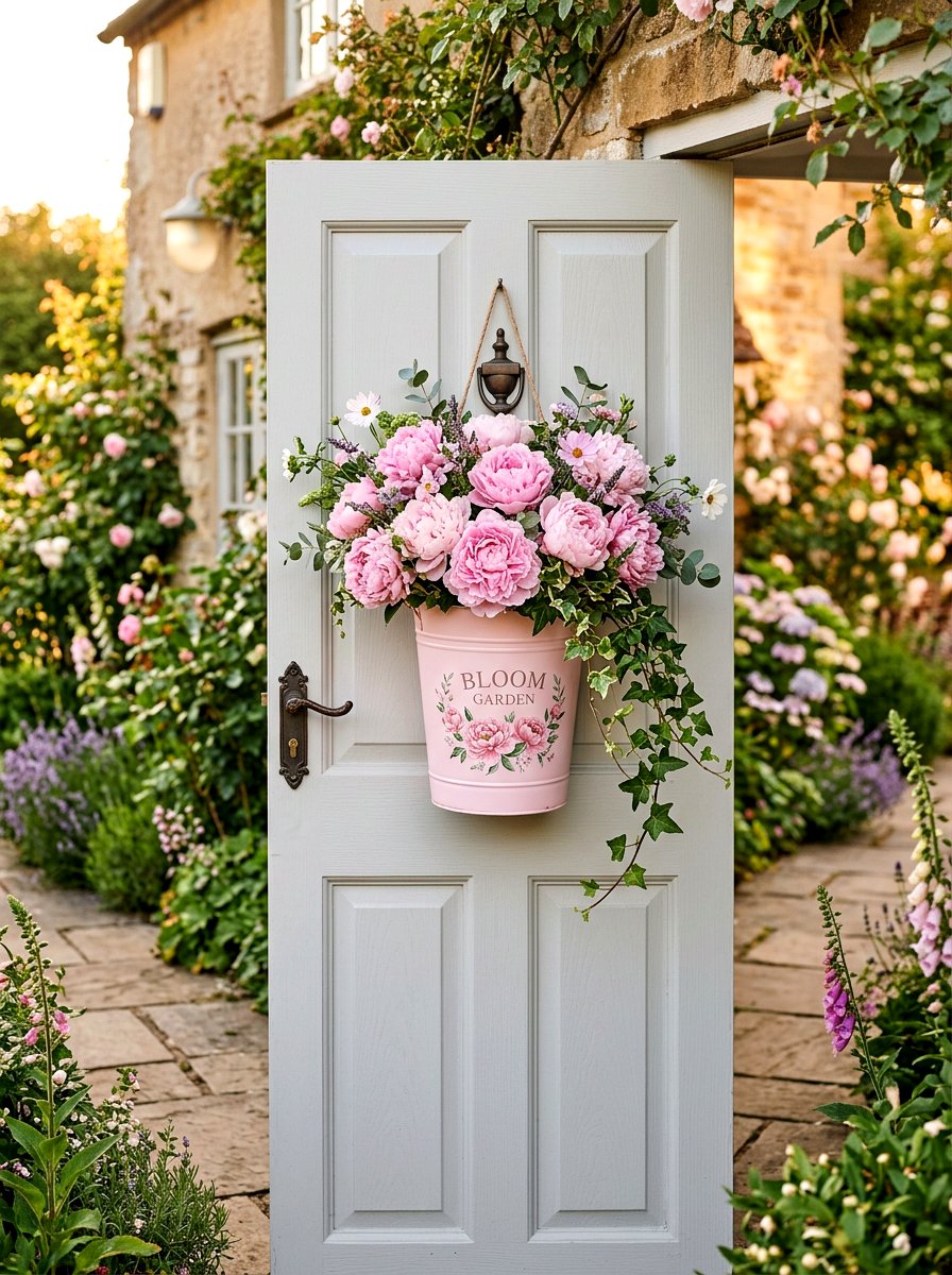 Pastel pink bucket with peonies - 25 Spring Flower Bucket Door Ideas
