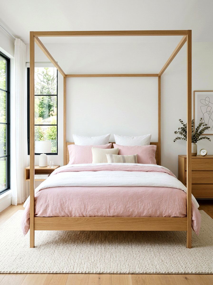 Pastel pink linen sheets - 25 Spring Four Poster Bed Decor Ideas