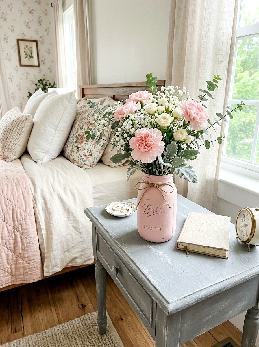 Pastel pink mason jar bouquet - 25 Spring Mason Jar Vase Ideas