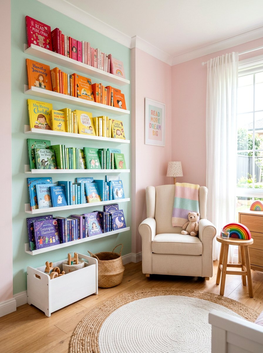 Pastel rainbow bookshelf - 25 Spring Bookshelf Ideas for Kids