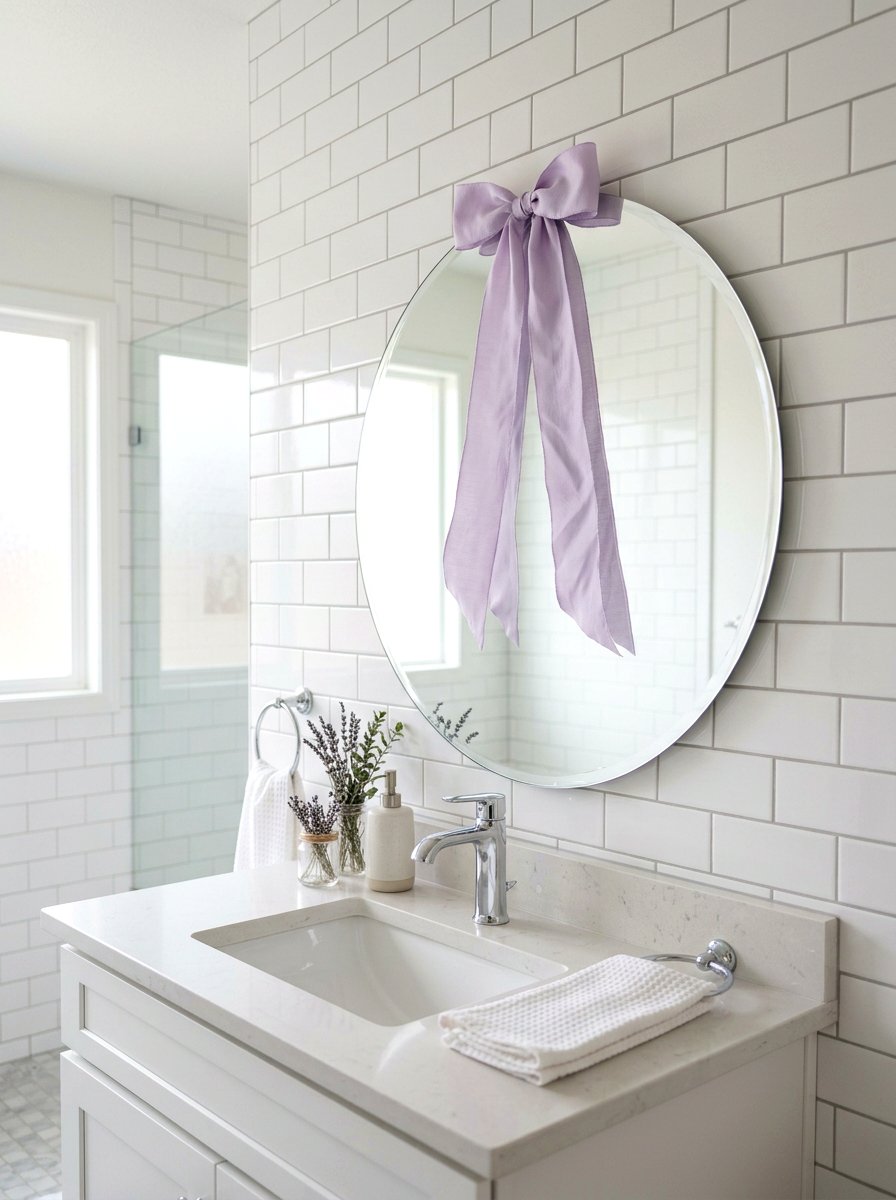 Pastel ribbon for mirror decor - 25 Spring Bathroom Mirror Decor Ideas