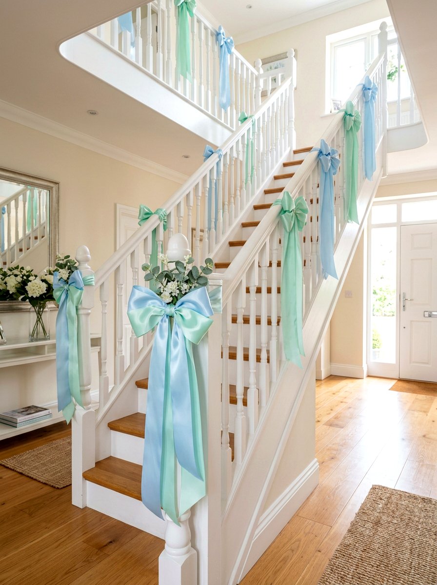 Pastel ribbon staircase accents - 25 Spring Staircase Decor Ideas