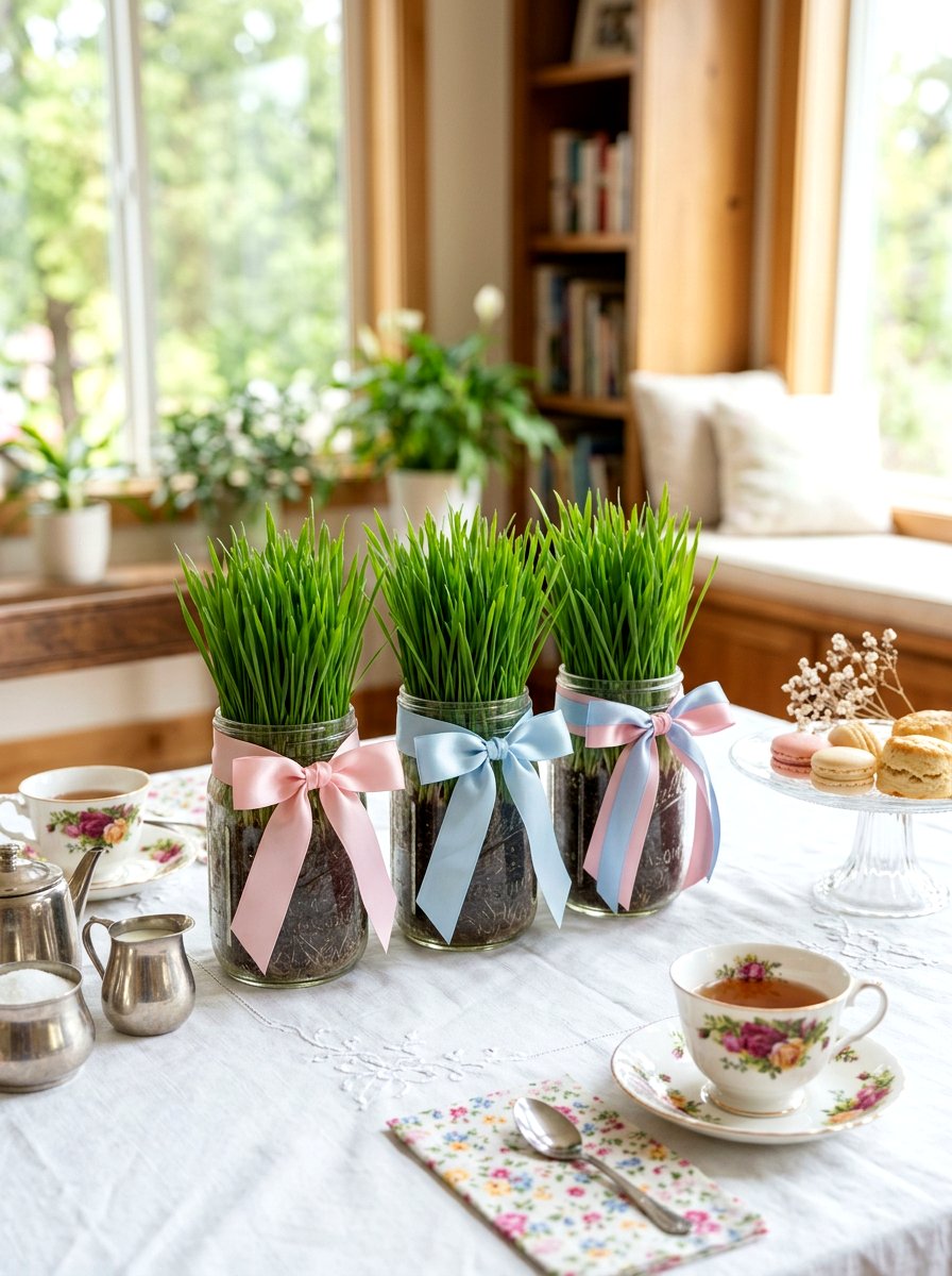 Pastel ribbon wheatgrass jar - 25 Spring Wheatgrass Centerpiece Ideas