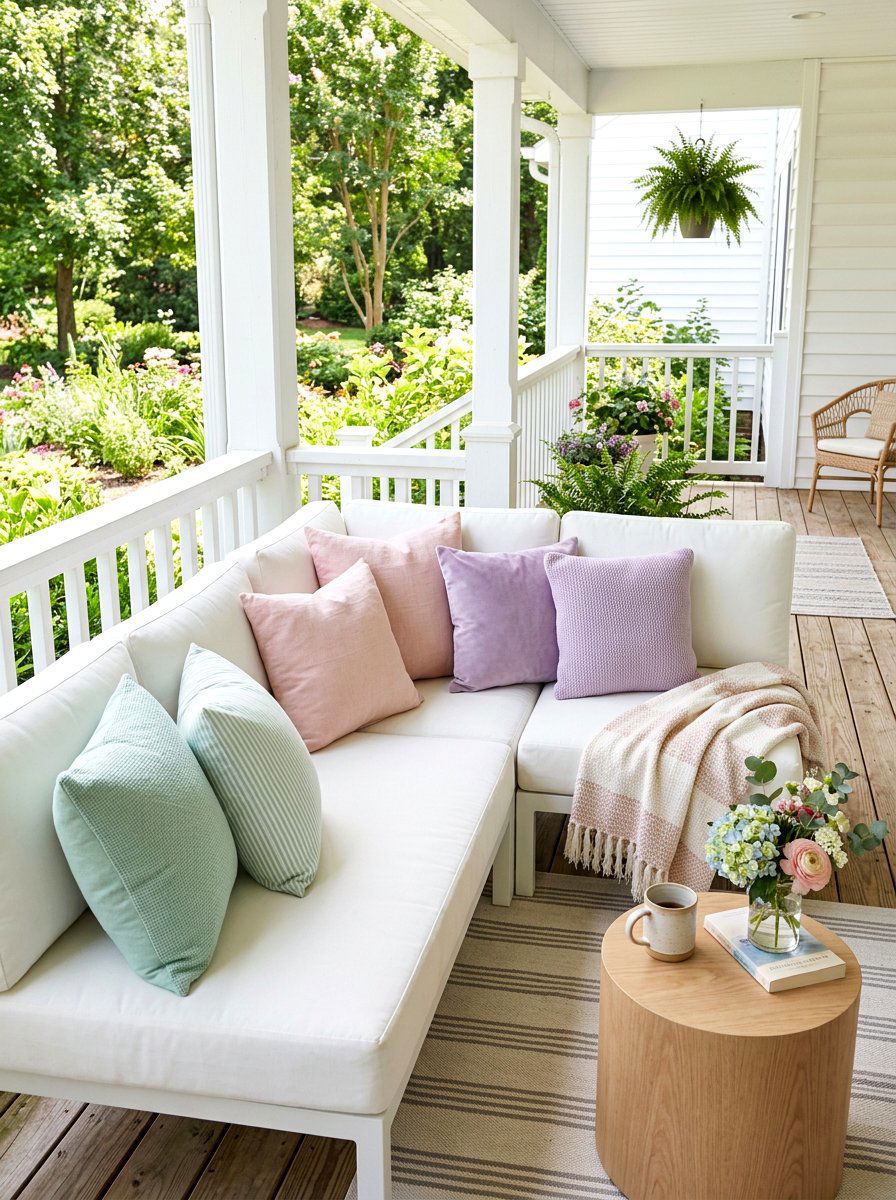 Pastel throw pillows - 25 Spring Back Porch Decor Ideas