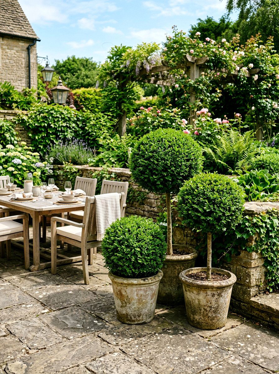 Patio Boxwood Topiary Arrangement - 25 Spring Boxwood Topiary Ideas