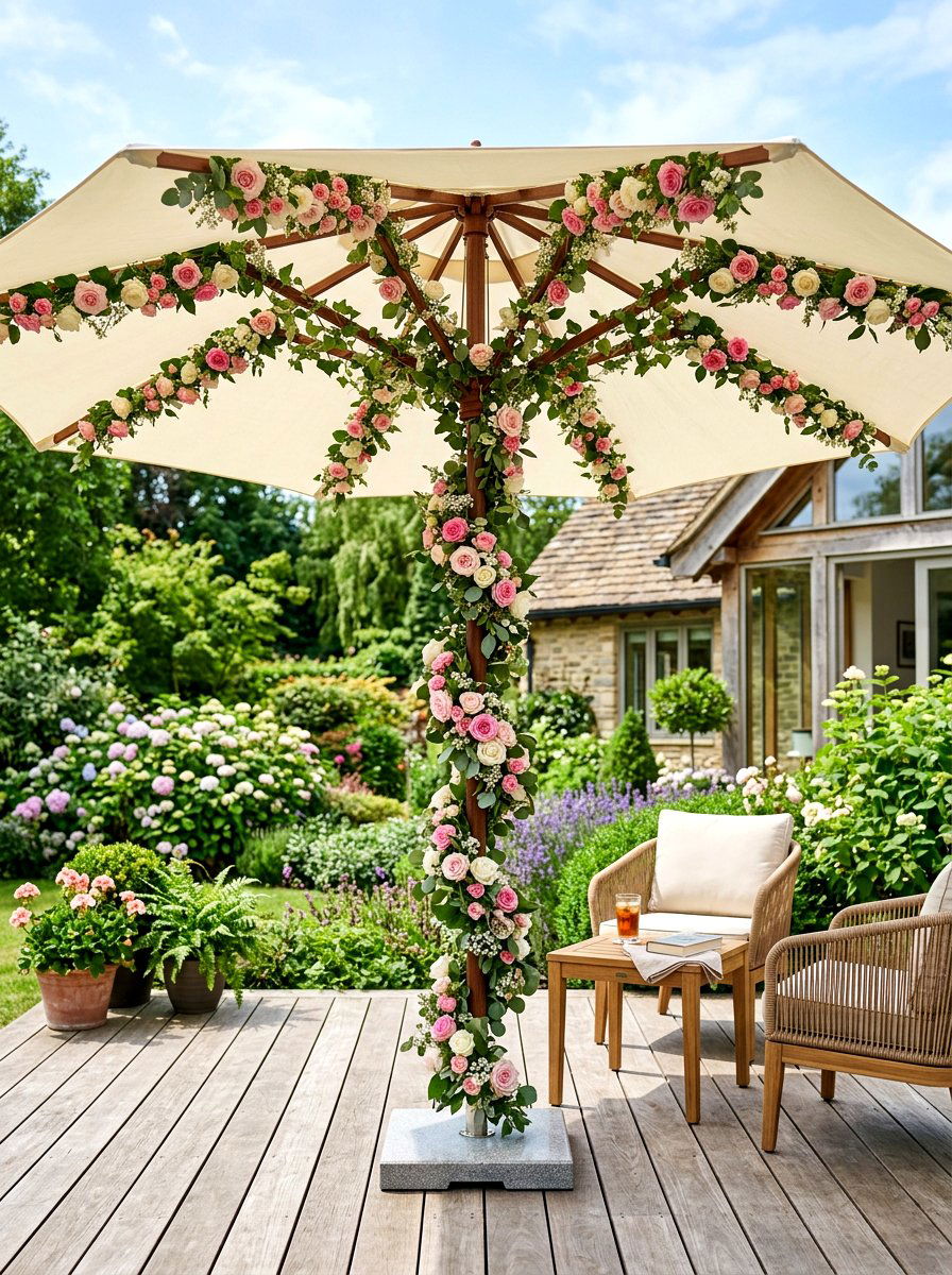 Patio Umbrella Flower Garland - 25 Spring Umbrella Decor Ideas