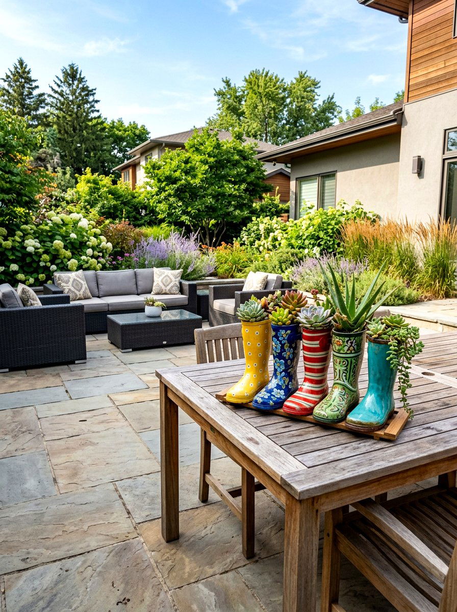 Patio boot display with succulents - 25 Spring Rain Boot Decor Ideas