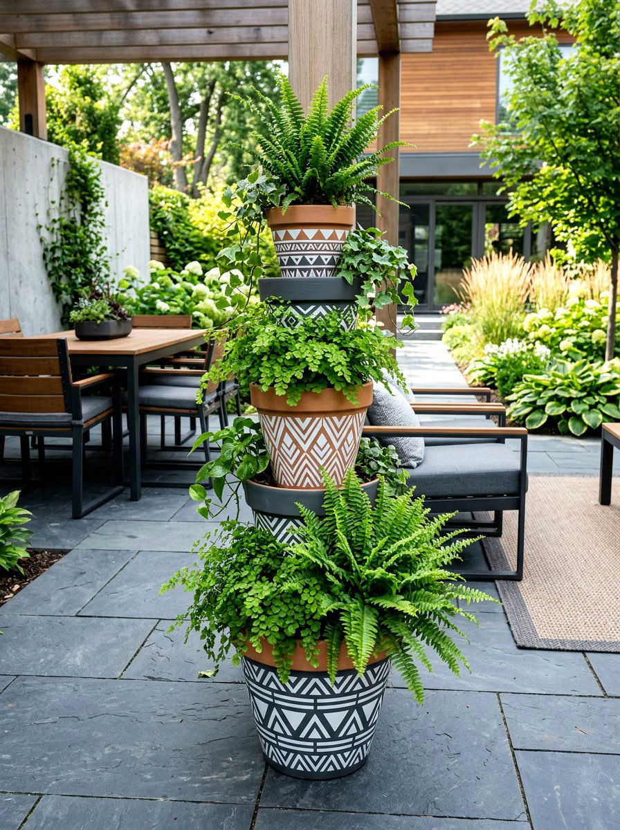 Patterned Stencil Pot Tower - 25 Spring Clay Pot Stack Ideas