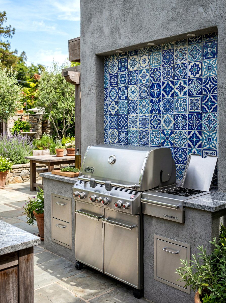 Patterned backsplash tile - 25 Spring Outdoor Kitchen Decor Ideas