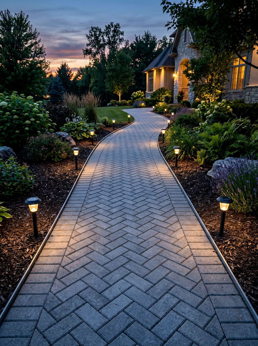 Paver walkway with solar lights - 25 Spring Entryway Walkway Ideas