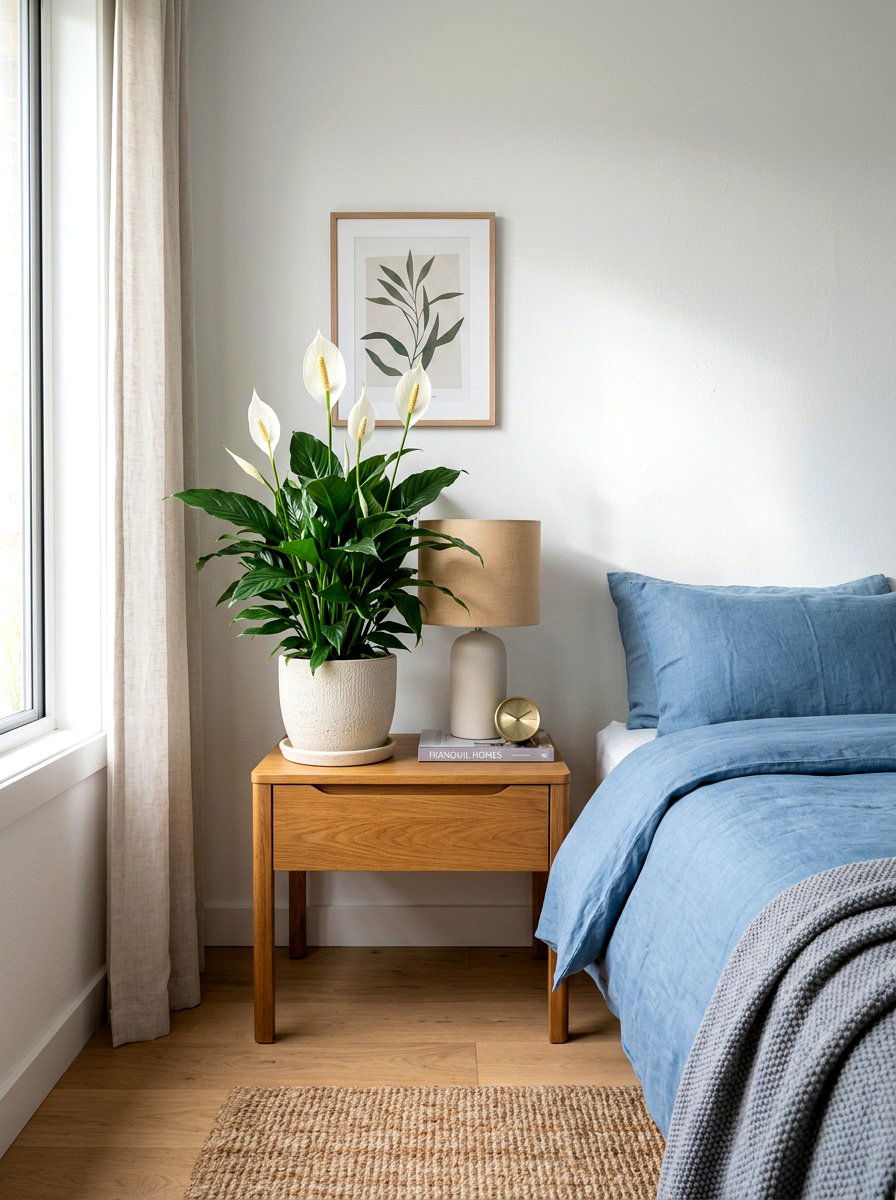 Peace Lily Bedside Setup - 25 Spring Bedroom Plant Ideas