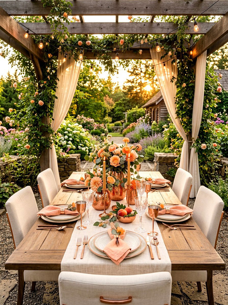 Peach Fuzz Color Theme - 25 Spring Outdoor Dining Table Decor Ideas