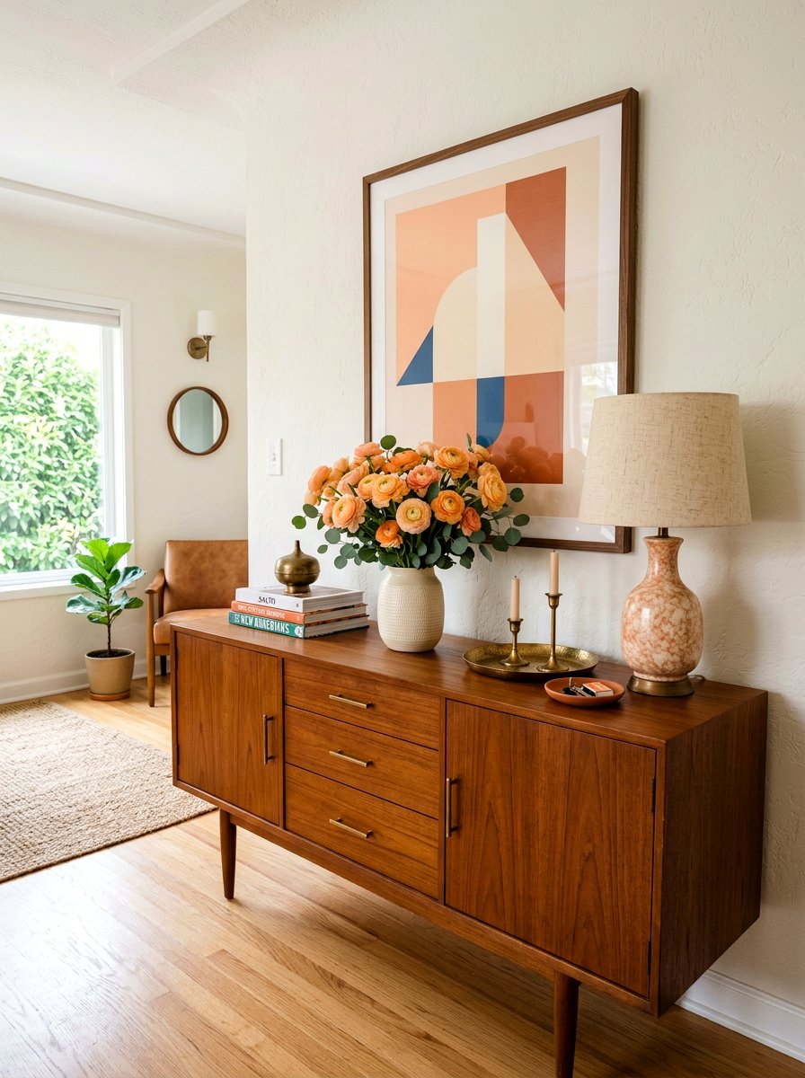 Peach Ranunculus Sideboard Styling - 25 Spring Ranunculus Arrangement Ideas