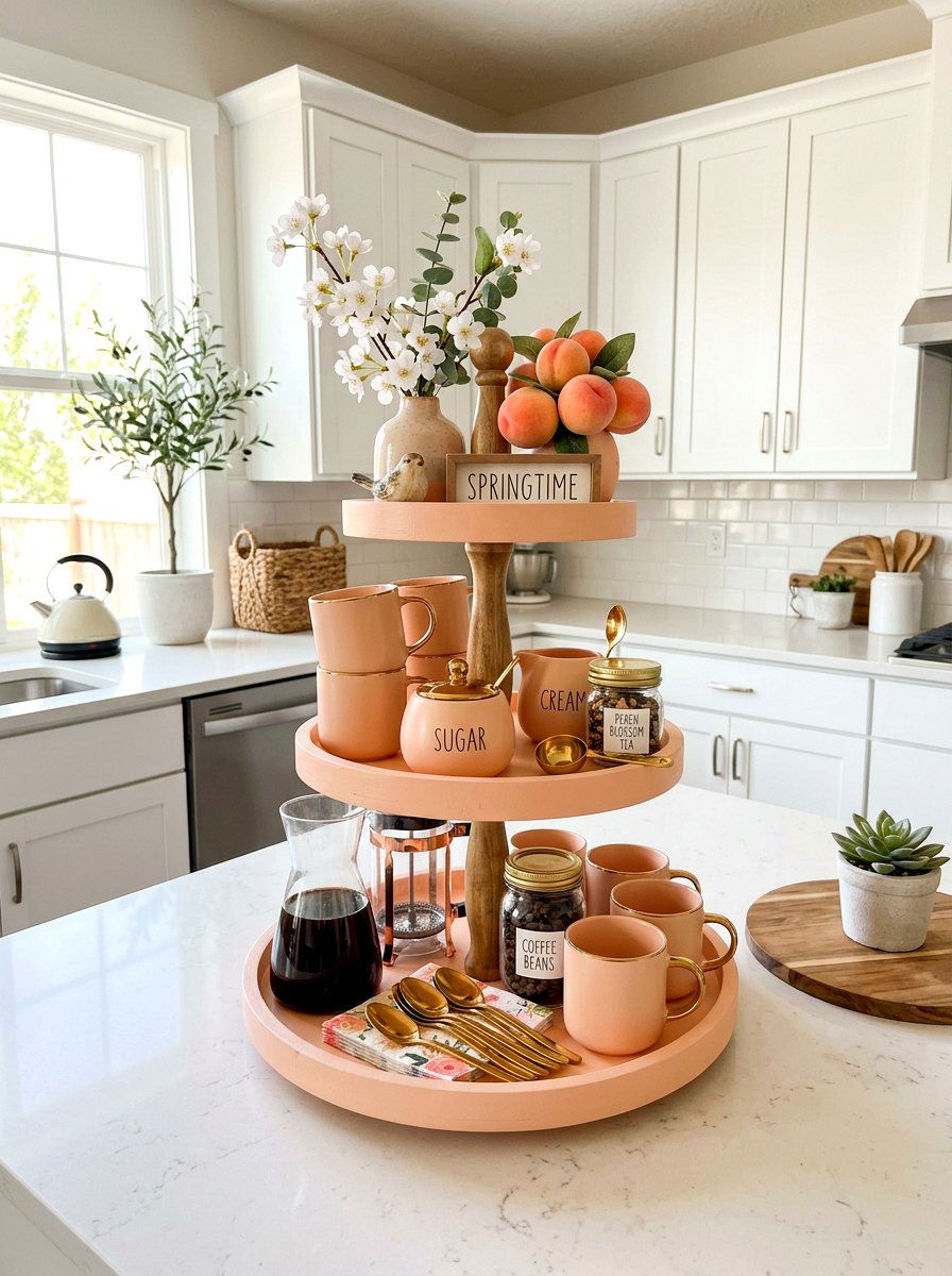 Peach Tiered Tray - 25 Spring Coffee Bar Tiered Tray Ideas