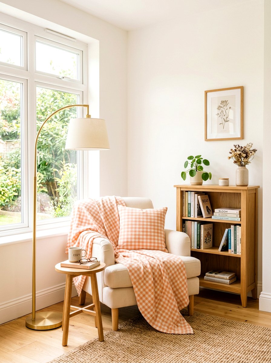 Peach gingham reading nook - 25 Spring Gingham Decor Ideas