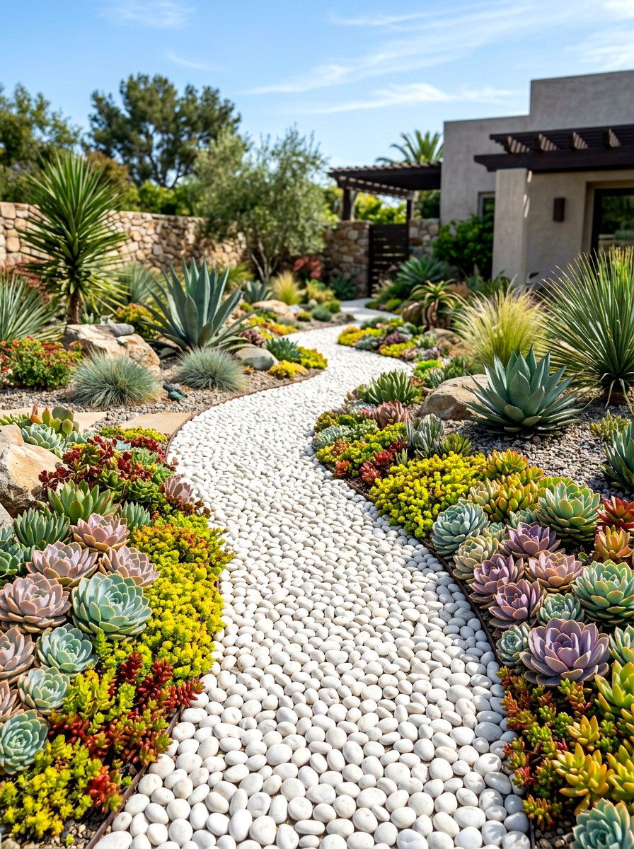 Pebbled path with succulents - 25 Spring Garden Path Decor Ideas