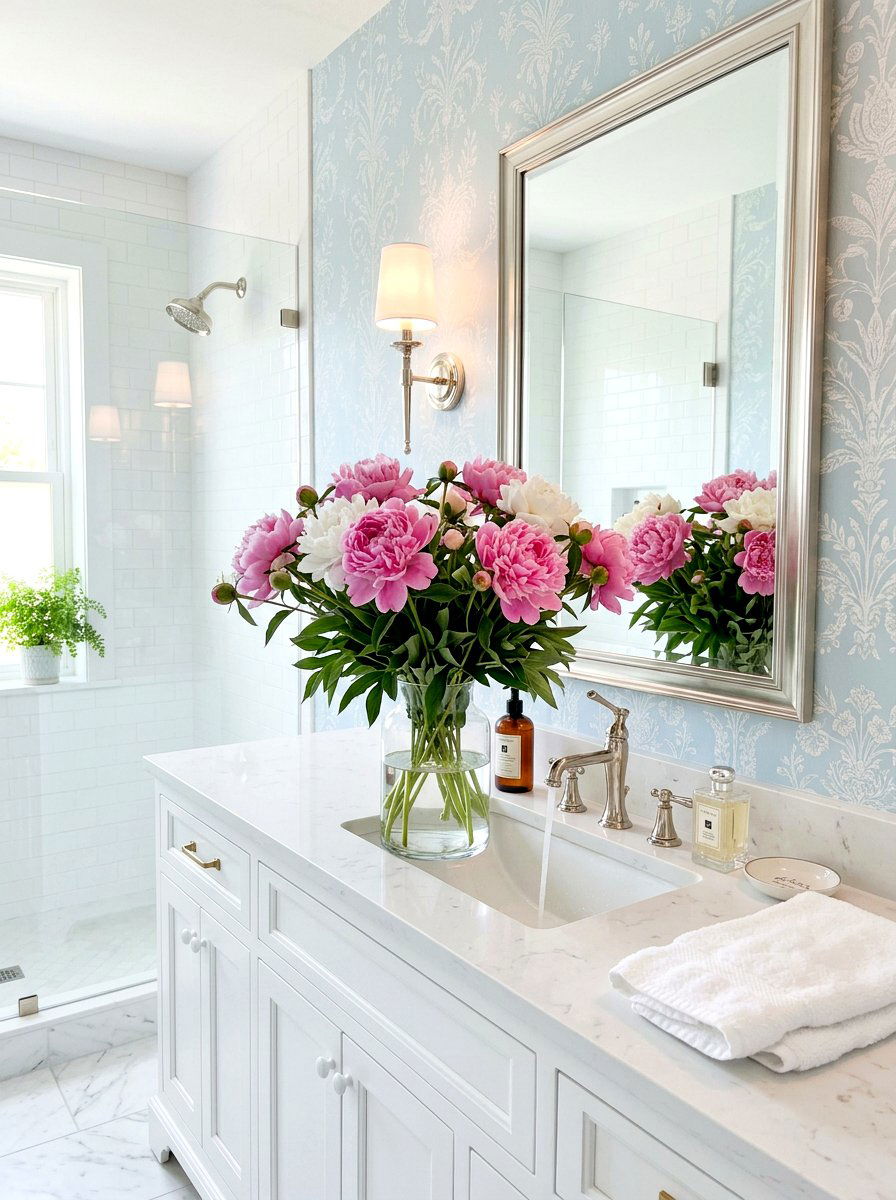Peonies In Glass Vase For Bathroom - 25 Spring Powder Room Decor Ideas