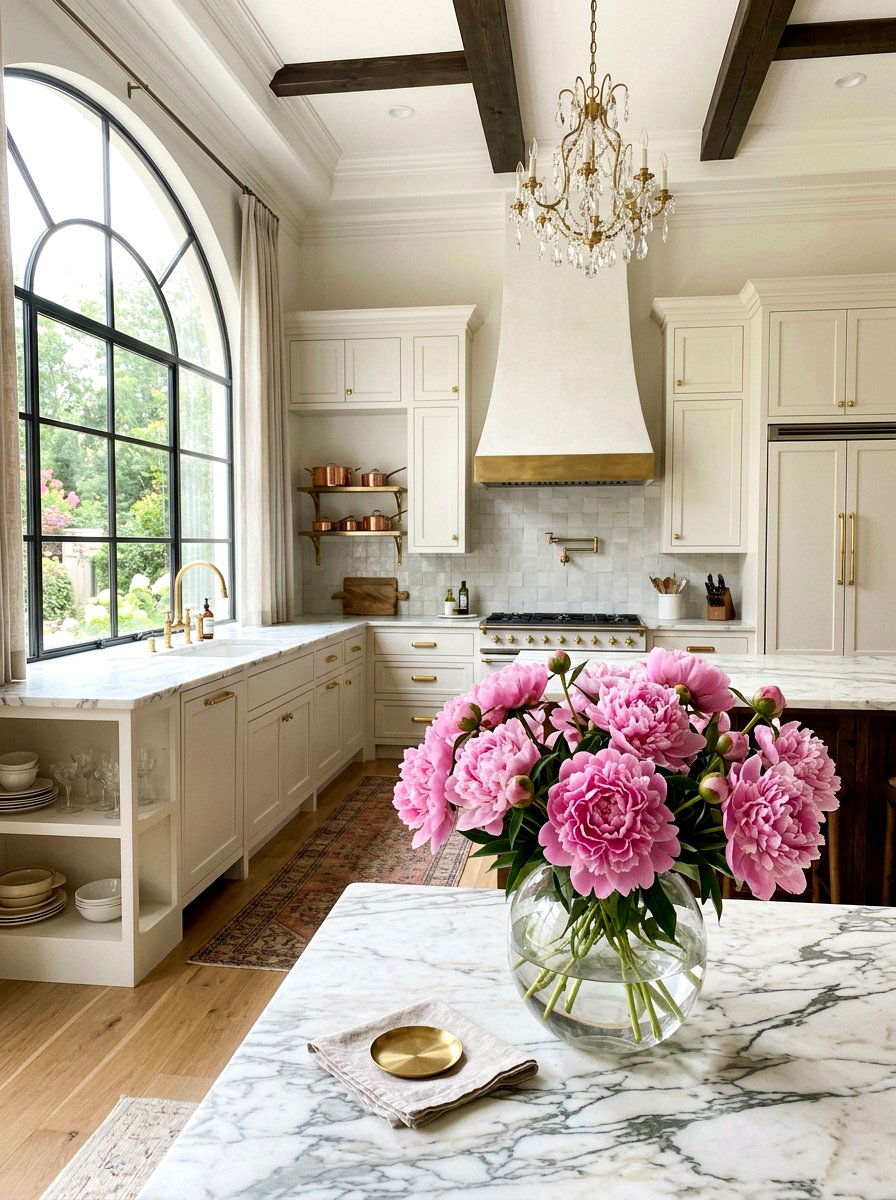 Peonies In Round Vase - 25 Spring Kitchen Table Centerpiece Ideas