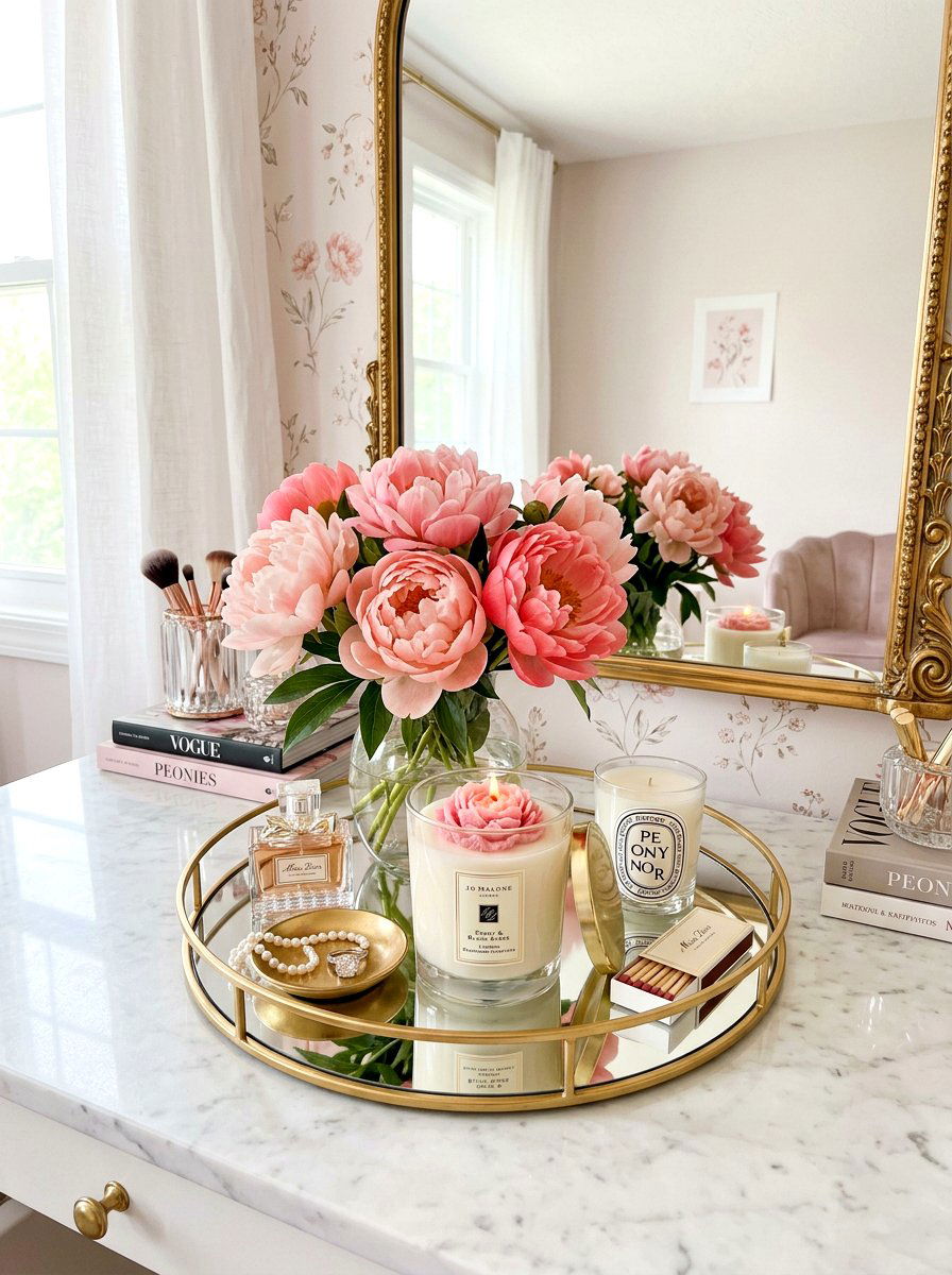 Peony And Tray Candle Display - 25 Spring Candle Centerpiece Ideas
