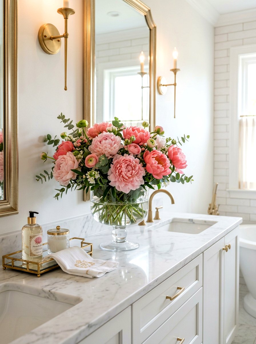 Peony Floral Arrangement - 25 Spring Bathroom Counter Decor Ideas