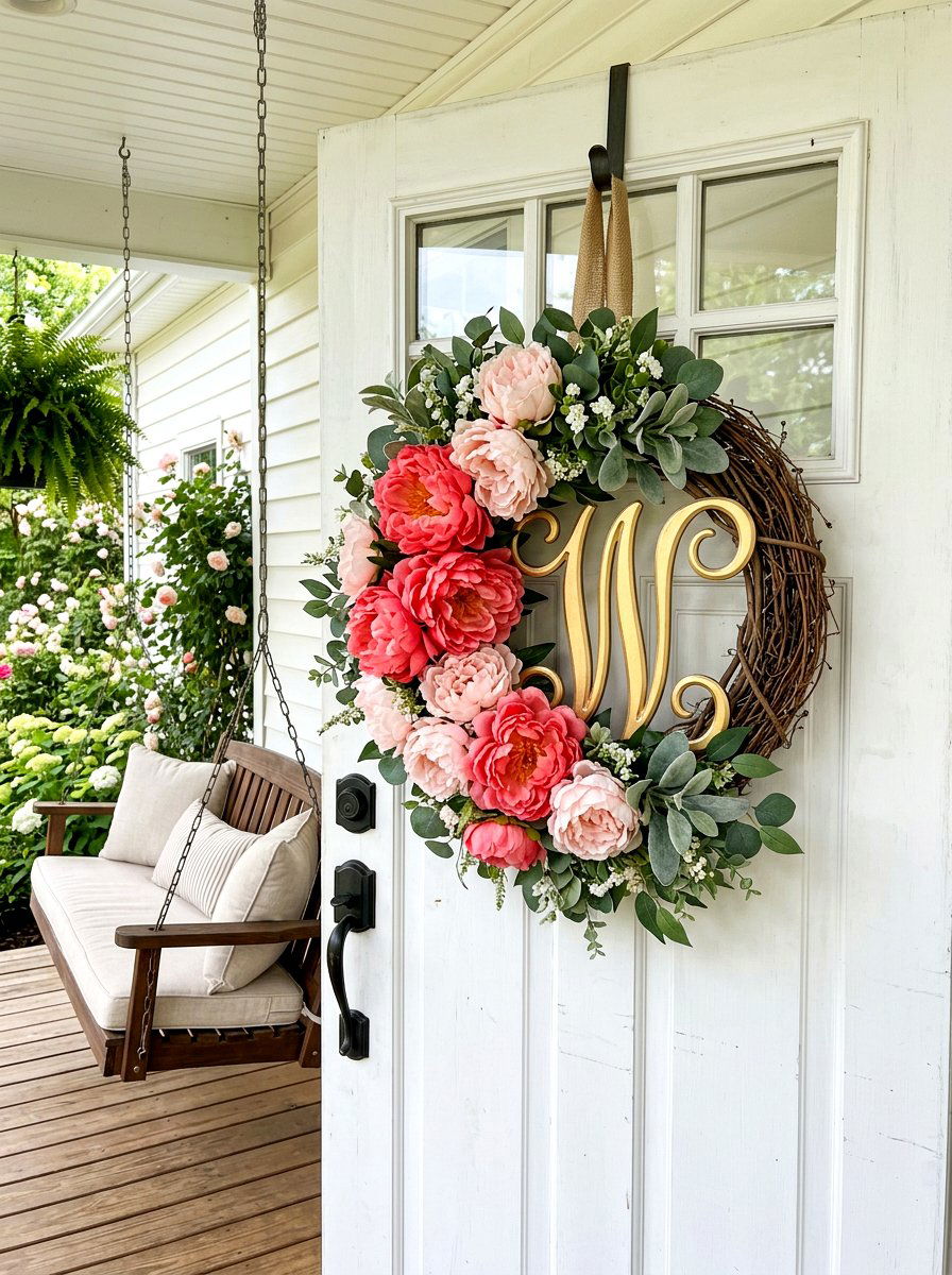 Peony Floral Monogram Wreath - 25 Spring Monogram Wreath Ideas