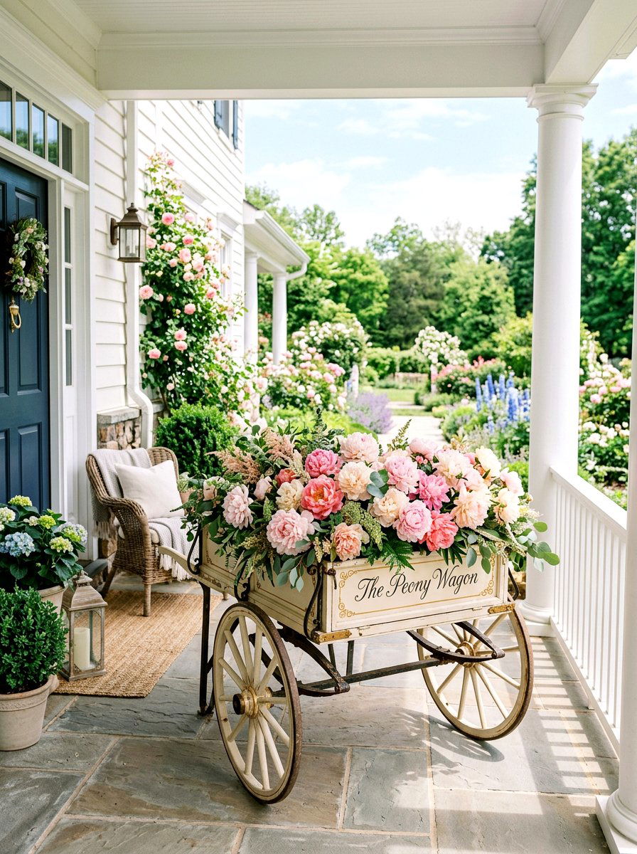 Peony Floral Wagon - 25 Spring Porch Wagon Decor Ideas