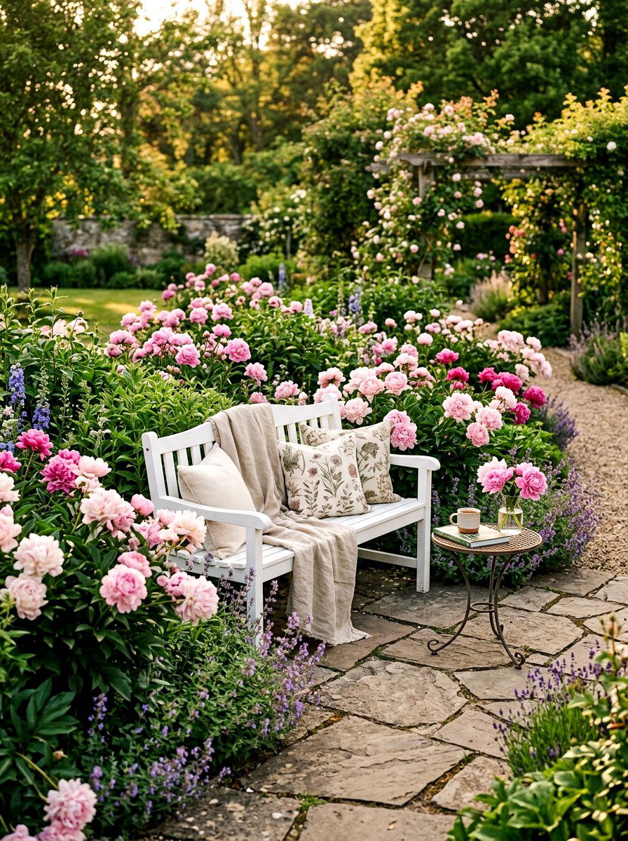 Peony Garden Seating Area - 25 Spring Peony Garden Ideas